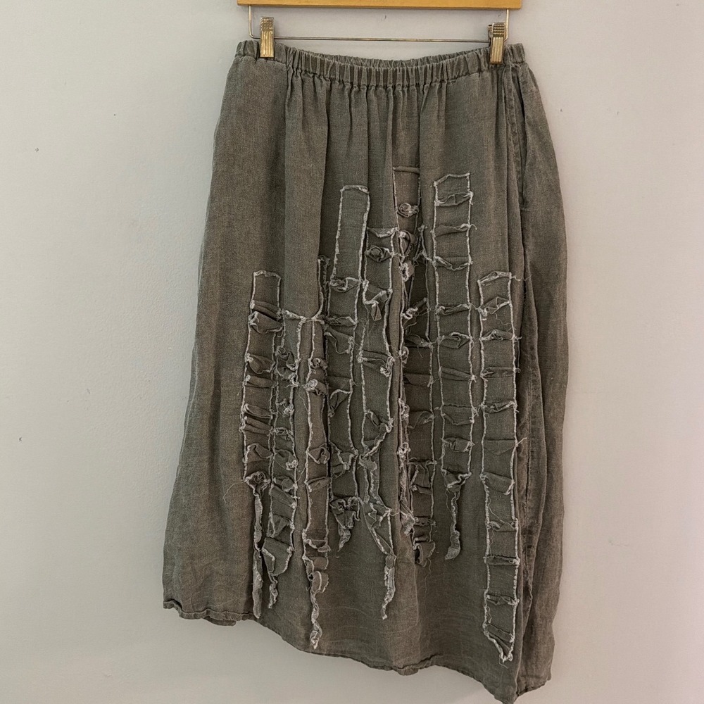 Krista Larson Linen Lagenlook Ruffle‎ Skirt Olive Grey Asymmetrical OSFM
